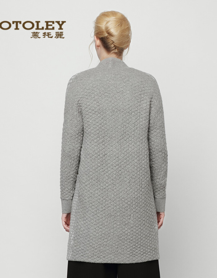 Motoley/慕托麗 2016秋冬新品壓格保暖中長毛織外套 灰 S